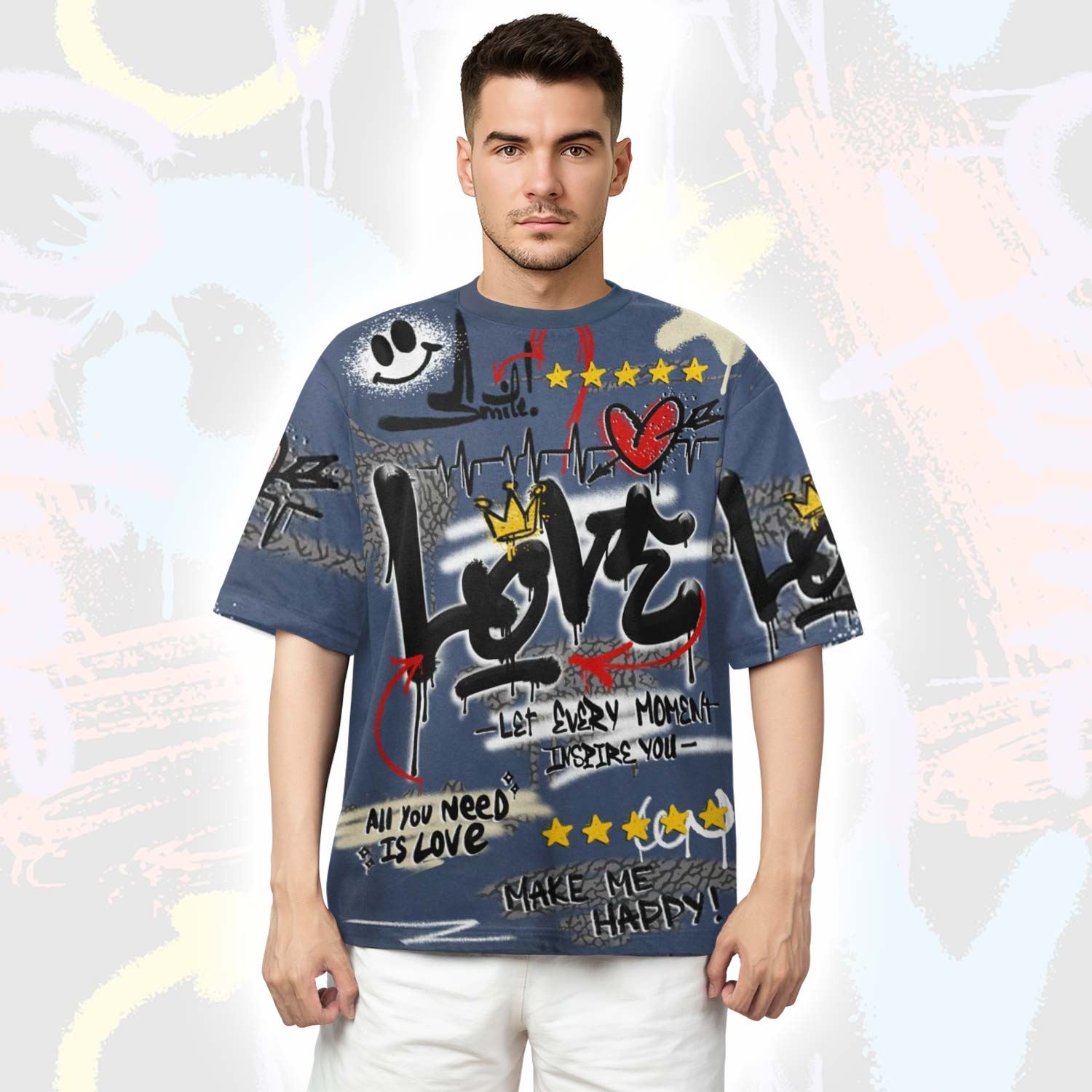 Happy Love Beats Graffiti Streetwear Diffused Blue 3s T-Shirt