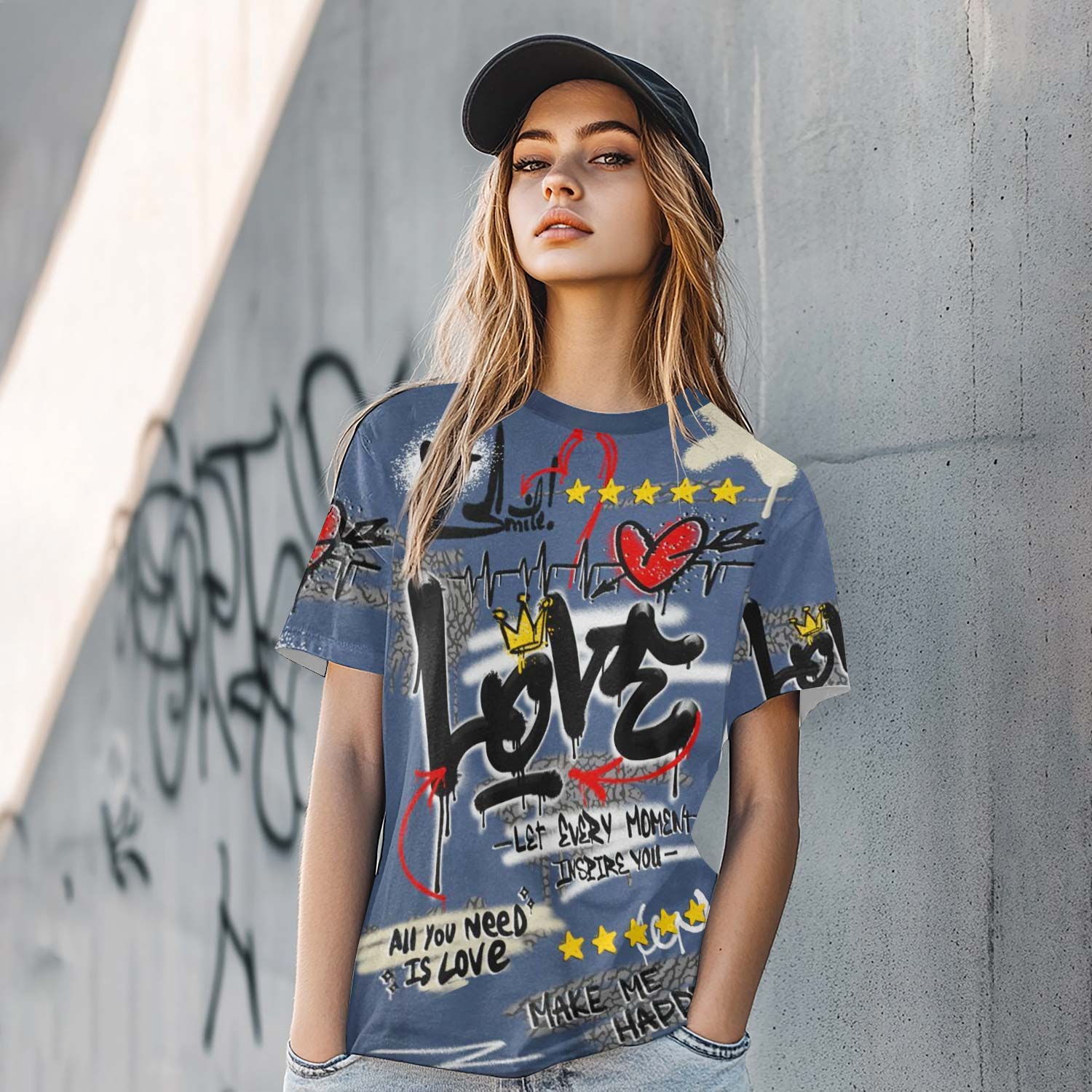 Happy Love Beats Graffiti Streetwear Diffused Blue 3s T-Shirt