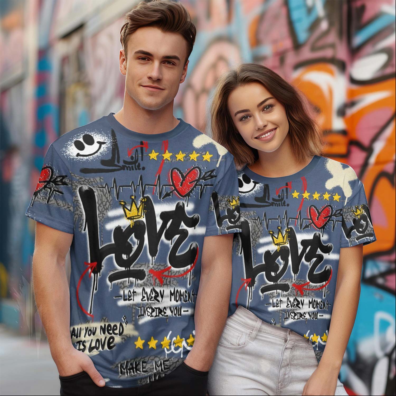 Happy Love Beats Graffiti Streetwear Diffused Blue 3s T-Shirt